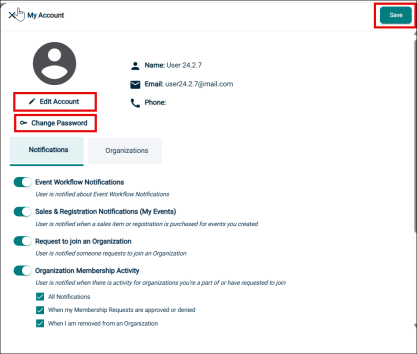 edit account and change password button